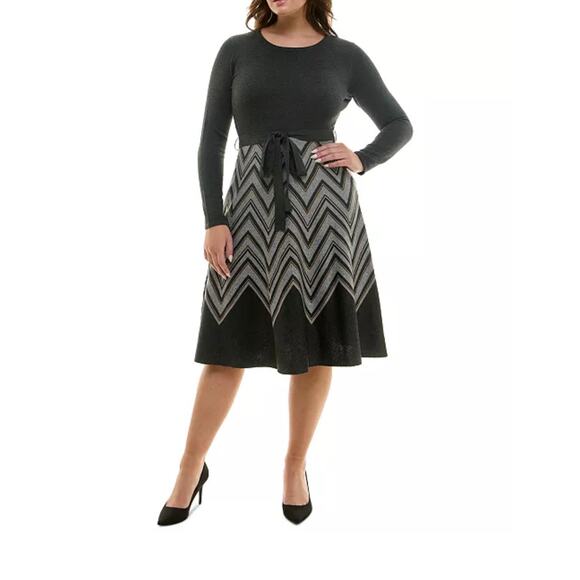 Taylor Chevron Scoop Neck Sweater Dress Tie Waist Midi Brown Plus Size 3X Office - Picture 1 of 15